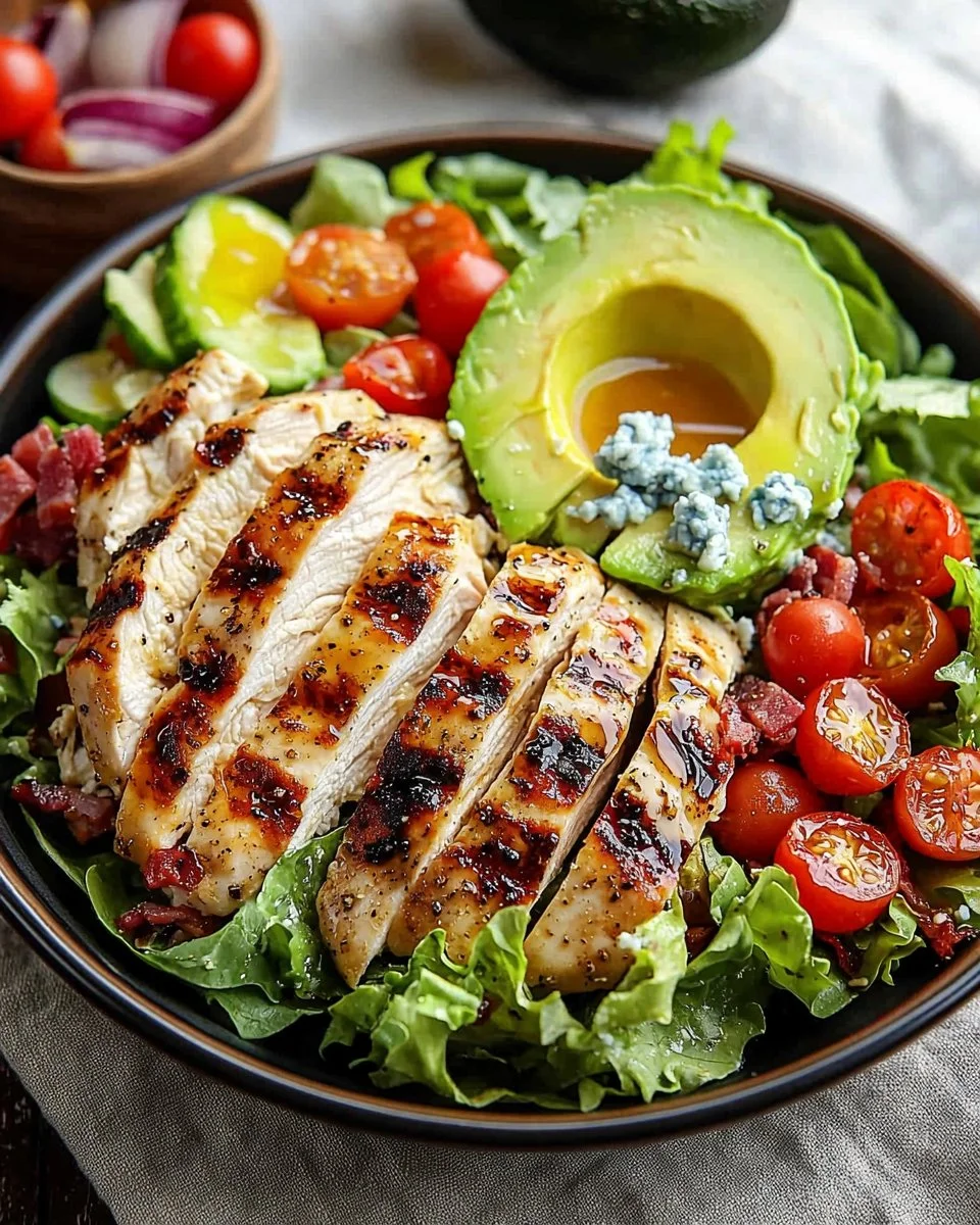 Paleo Grilled Chicken Cobb Salad with Honey Dijon Dressing and fresh ingredients