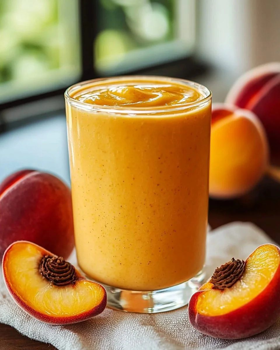 Delicious peach smoothie made with frozen peaches and fresh ingredients