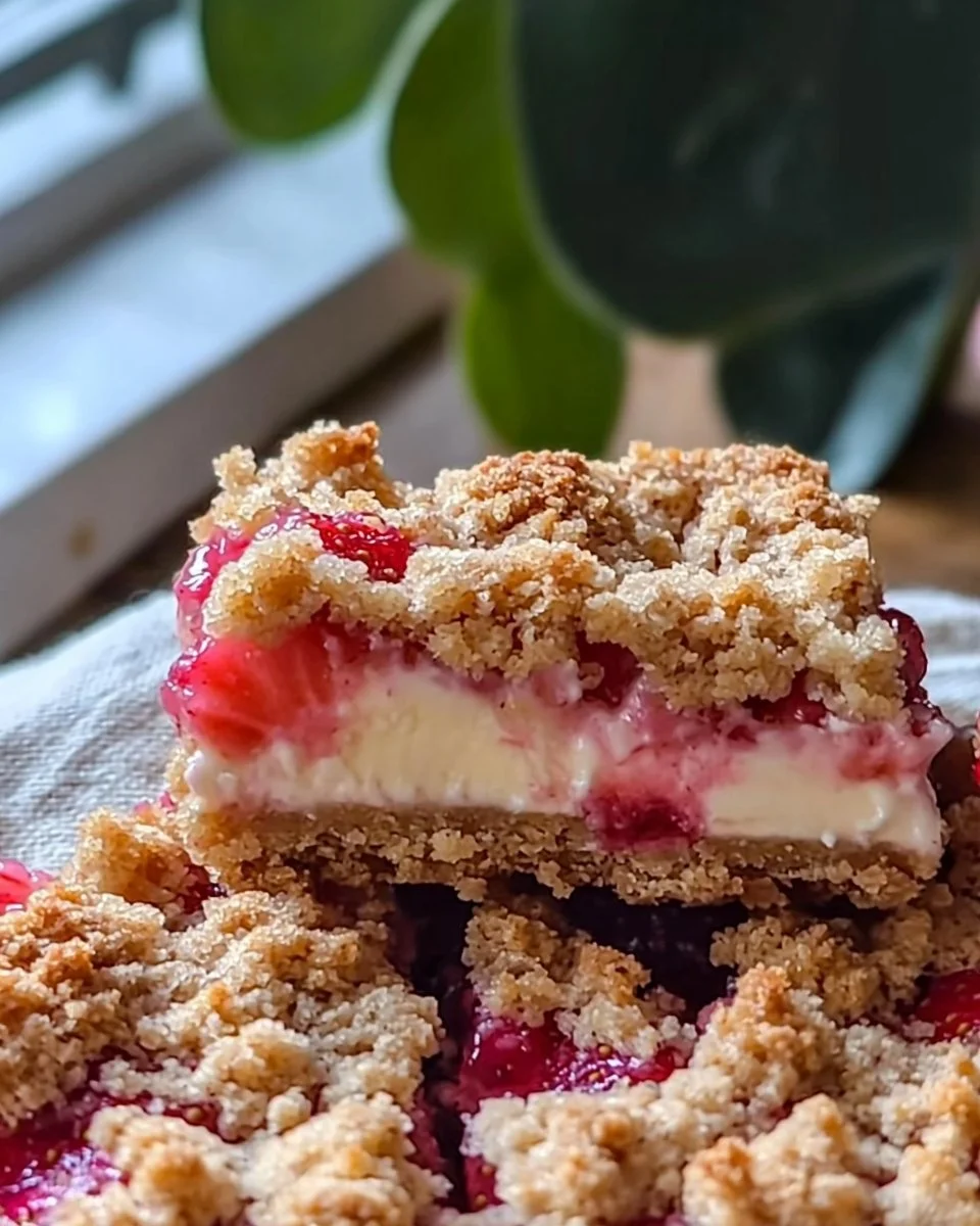 Delicious strawberry cheesecake crumb bars with a golden crust and fresh strawberries.