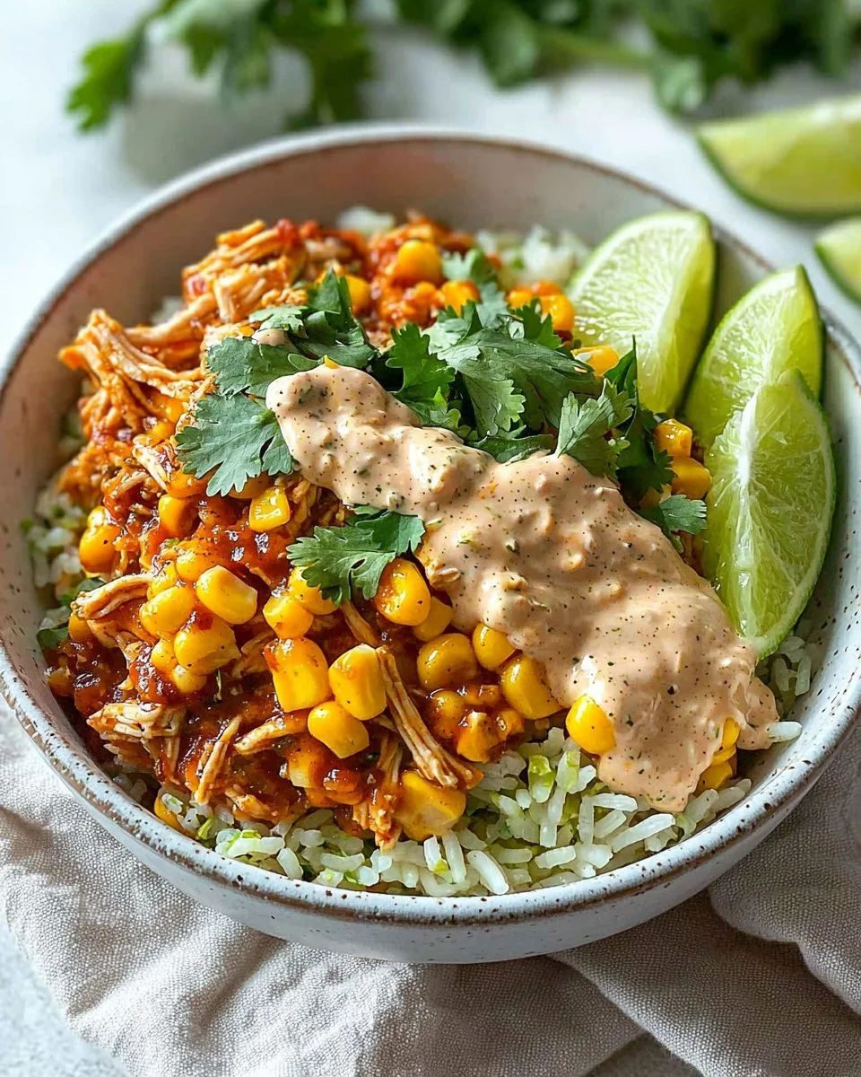 Delicious street corn chicken rice bowl topped with fresh ingredients