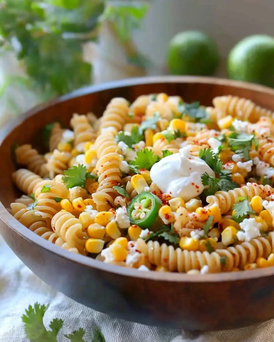 Delicious Street Corn Pasta Salad with fresh ingredients ready to serve.