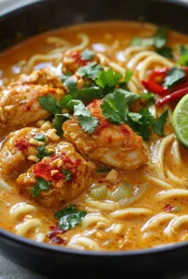 Delicious coconut red curry chicken udon dish garnished with fresh herbs.