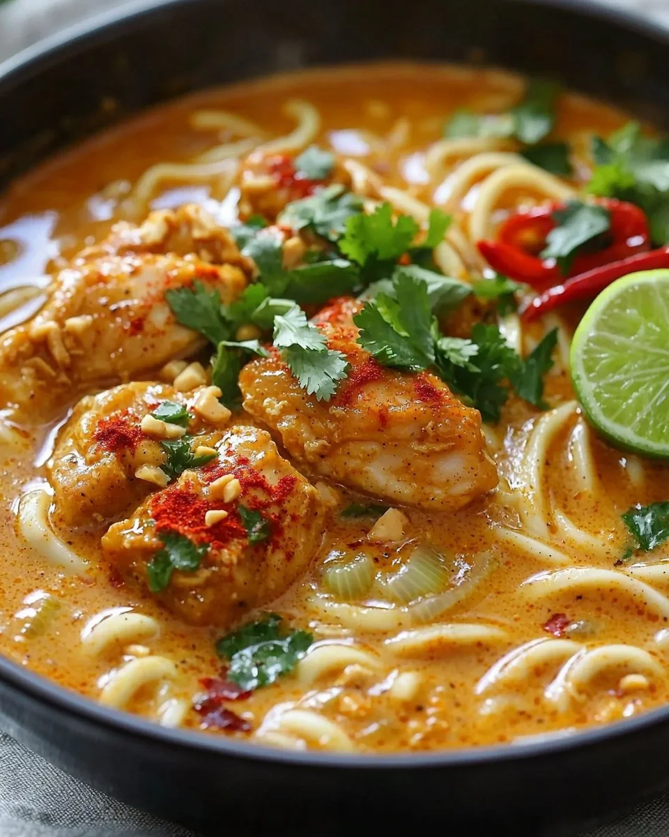Delicious coconut red curry chicken udon dish garnished with fresh herbs.