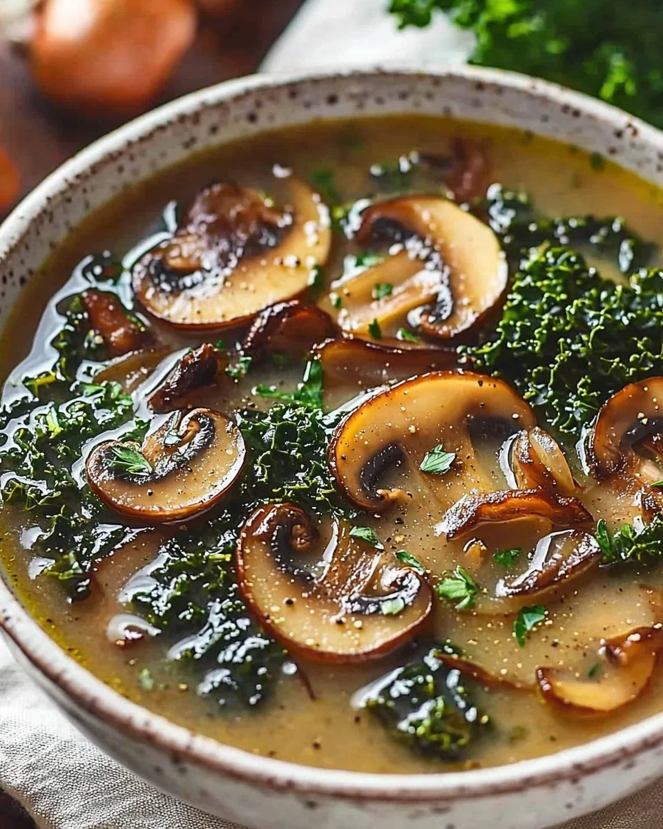 Bowl of wild mushroom soup garnished with caramelized onion and kale.