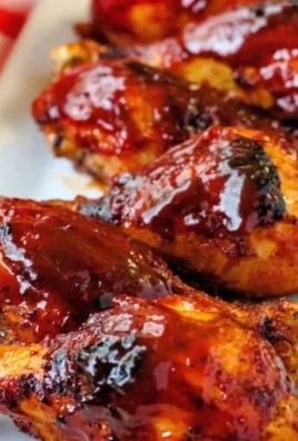 Baked BBQ chicken drumsticks served on a plate with sauce and garnished.