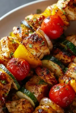 Delicious baked chicken kabobs ready to serve with colorful vegetables.