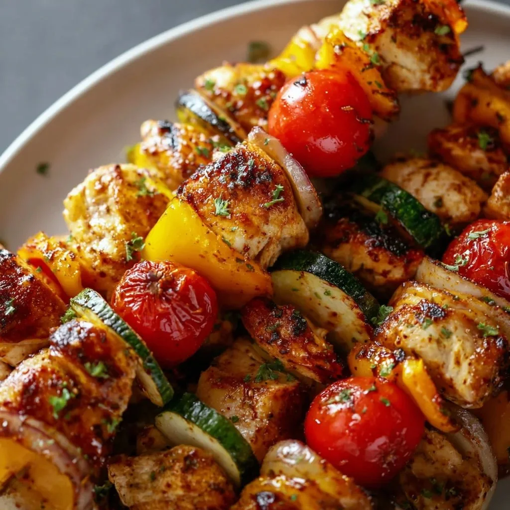 Delicious baked chicken kabobs ready to serve with colorful vegetables.