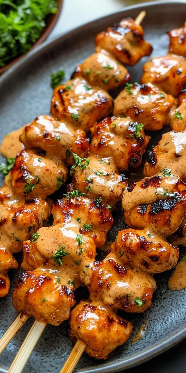 Delicious Bang Bang Chicken Skewers with a spicy sauce.