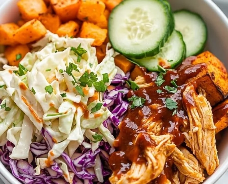 Delicious BBQ Chicken Bowls garnished with fresh vegetables and served in a bowl