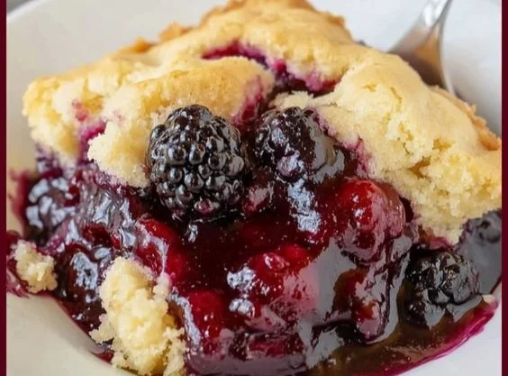 Homemade blackberry cobbler topped with ice cream and fresh blackberries