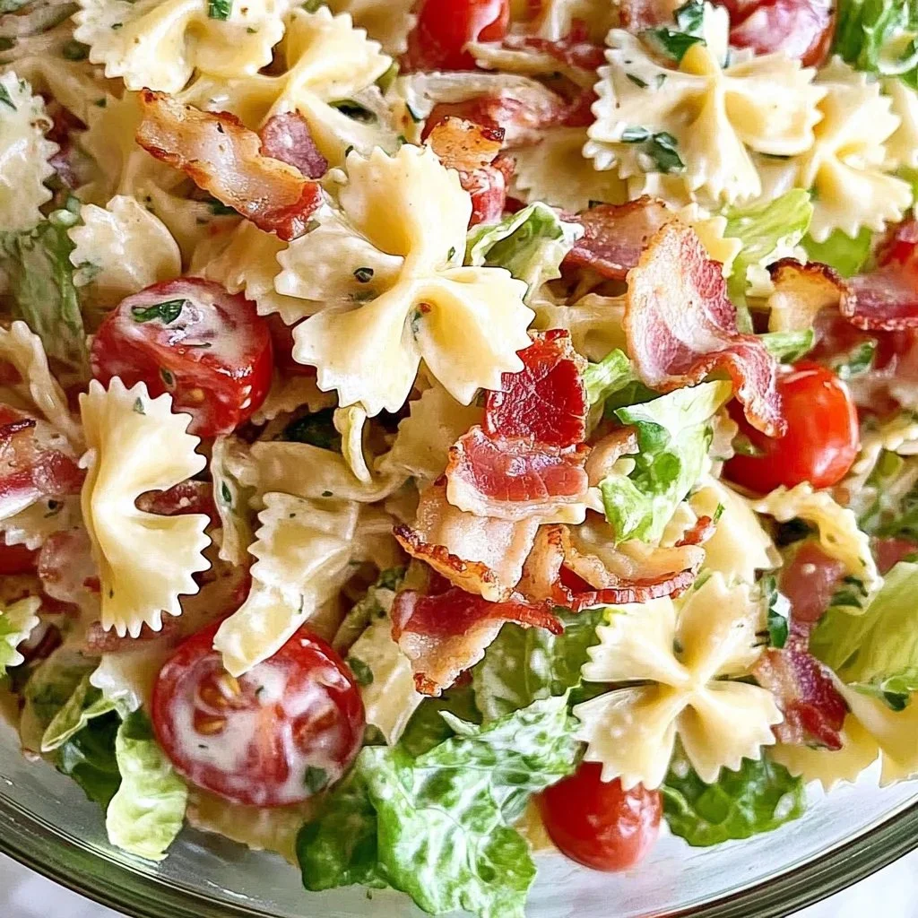 Delicious BLT Pasta Salad with bacon, lettuce, and tomatoes