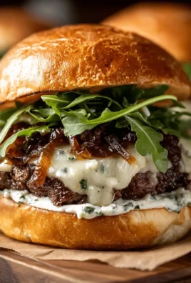 Caramelized onion garlic burger topped with creamy herb sauce