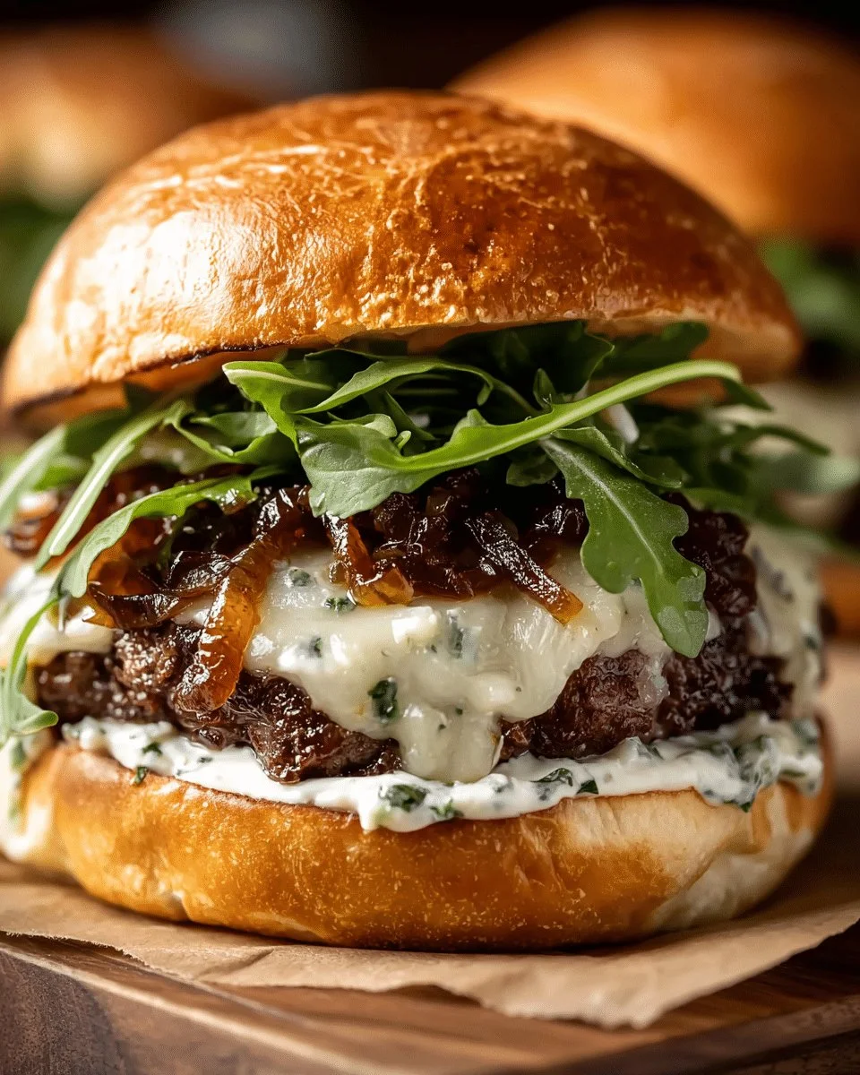 Caramelized onion garlic burger topped with creamy herb sauce
