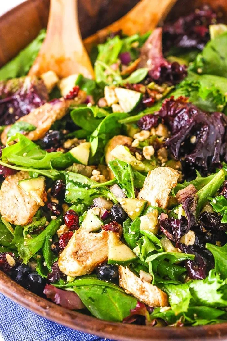 Delicious Chicken Blueberry Feta Salad served in a bowl with fresh ingredients