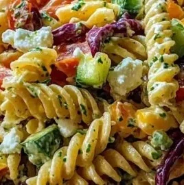 Colorful bowl of Crack Pasta Salad with fresh vegetables and dressing.