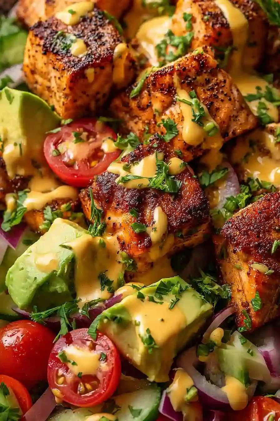 Creamy Bang Bang Salmon Salad served in a bowl with fresh vegetables