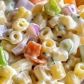 Creamy Ditalini pasta salad in a bowl garnished with fresh vegetables