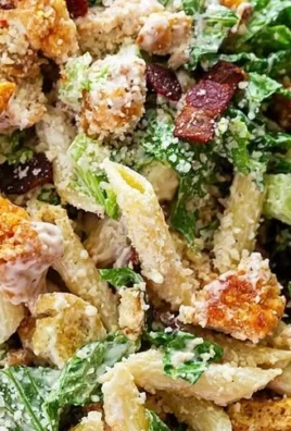 Bowl of Crispy Chicken Caesar Pasta Salad with lettuce and parmesan cheese