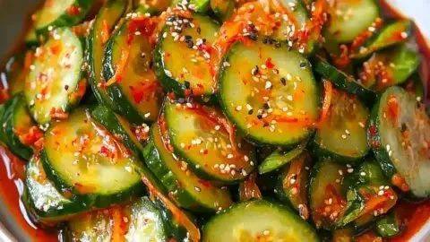 A bowl of Crispy Cucumber Kimchi garnished with scallions and sesame seeds