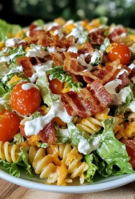 Creamy BLT pasta salad with tomatoes, bacon, and lettuce in a bowl