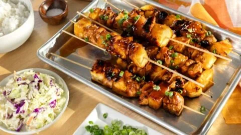 Grilled Hawaiian chicken kabobs with pineapple and bell peppers on skewers