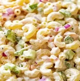 Delicious easy macaroni salad in a bowl with vegetables