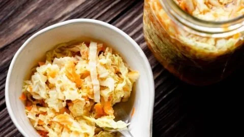 Bowl of easy pickled cabbage with vibrant colors and fresh ingredients