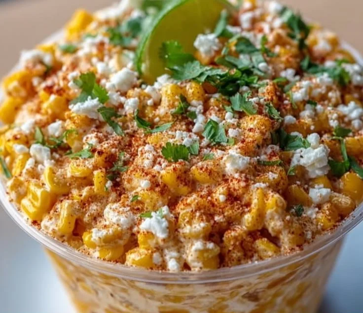 Delicious esquites, a traditional Mexican street corn dish served in a cup with toppings.