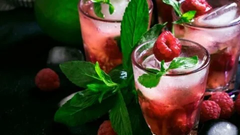 Homemade fermented berry soda served in a glass with fresh berries.