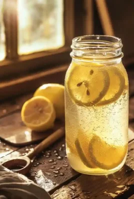 Glass of fizzy fermented probiotic lemonade served with a lemon slice.