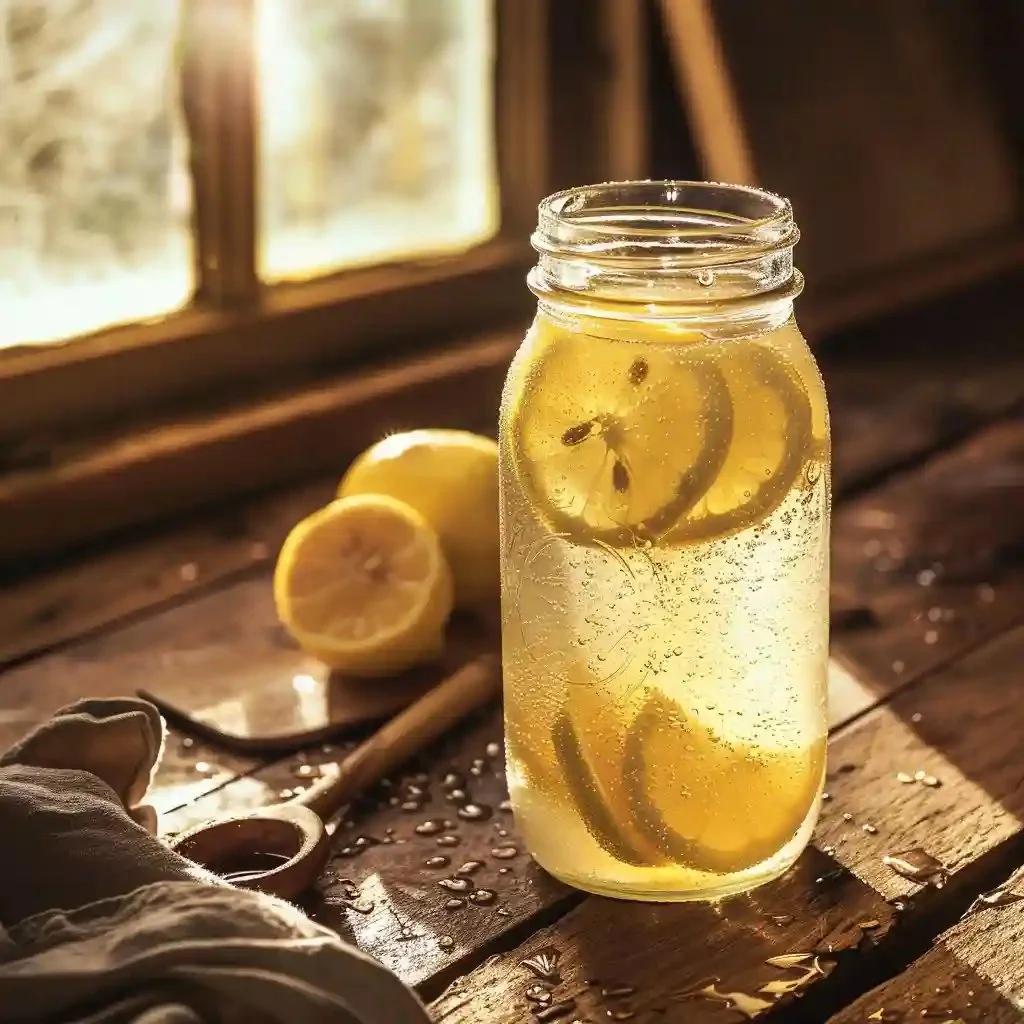 Glass of fizzy fermented probiotic lemonade served with a lemon slice.