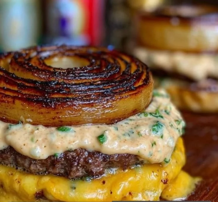 Flying Dutchman Burger with melted cheese and grilled toppings