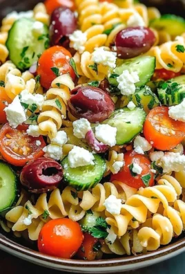 Colorful Greek Pasta Salad with vegetables and feta cheese