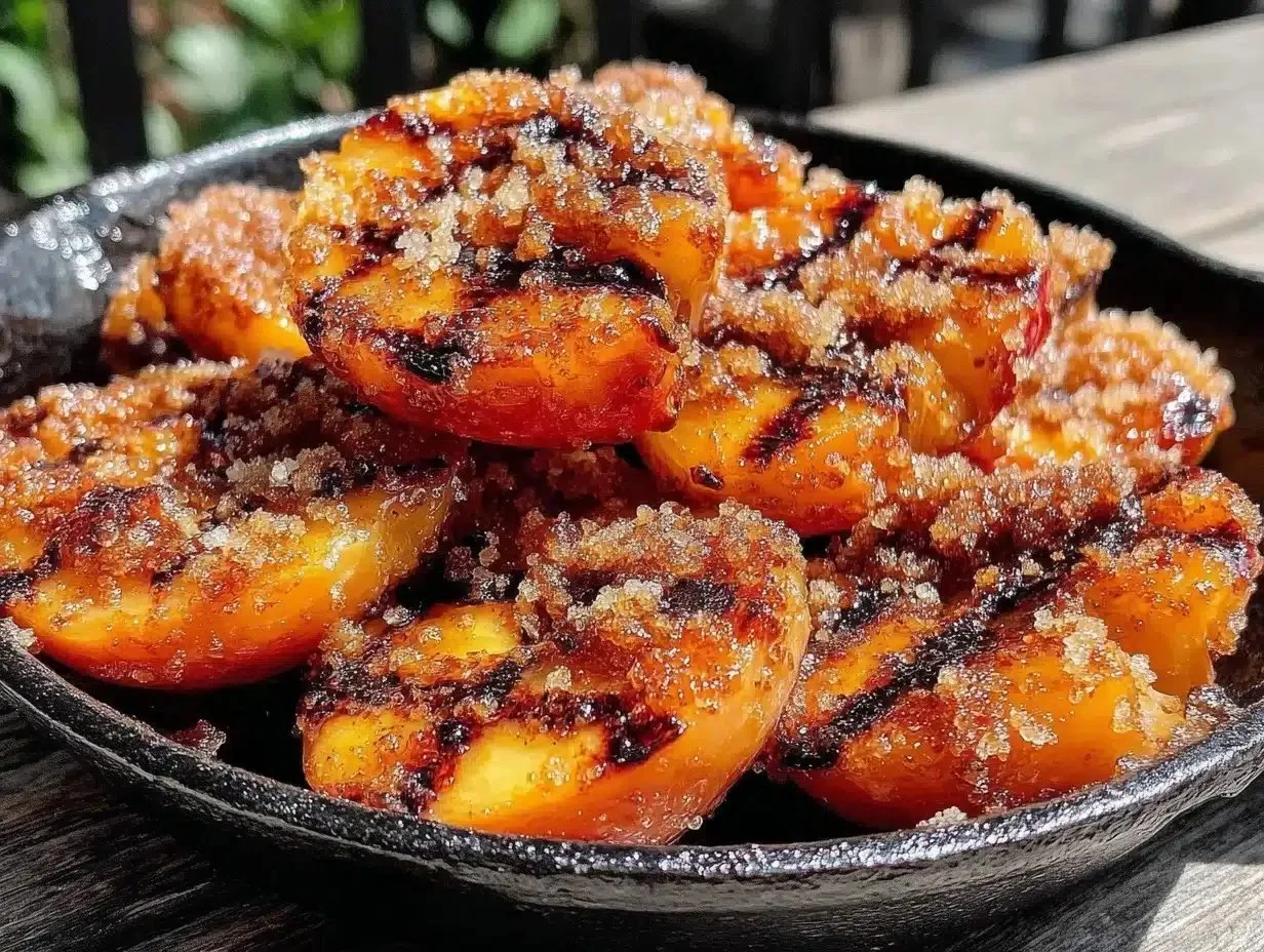 Delicious grilled peaches topped with cinnamon and brown sugar