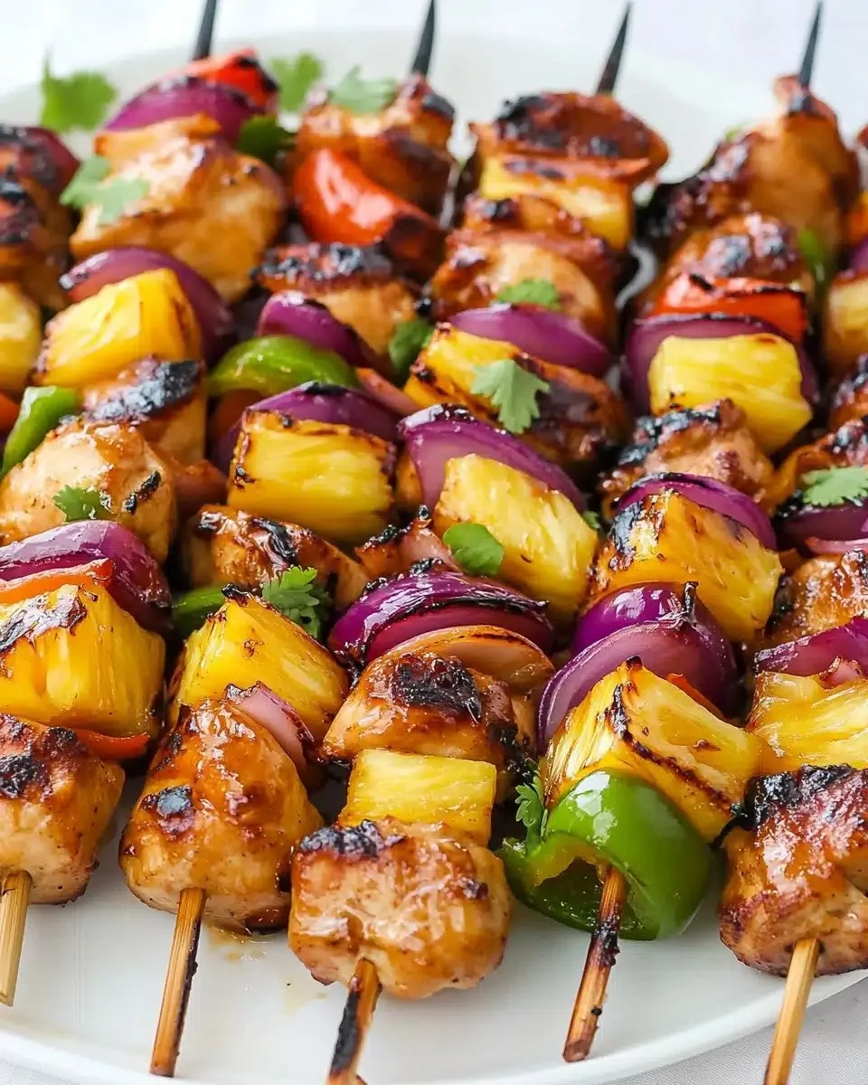 Delicious Hawaiian Chicken Kebabs on the grill with vibrant vegetables.