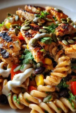 High protein BBQ chicken pasta salad served in a bowl with fresh ingredients