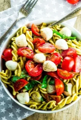 High Protein Caprese Pasta Salad with fresh tomatoes, mozzarella, and basil