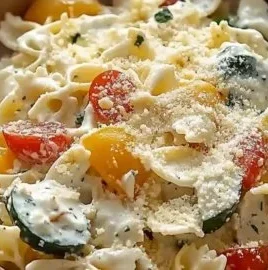 High protein cottage cheese pasta salad with fresh vegetables and herbs