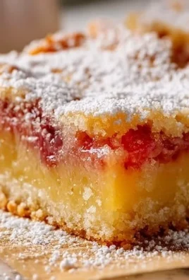 Delicious homemade lemon rhubarb bars on a rustic wooden table.