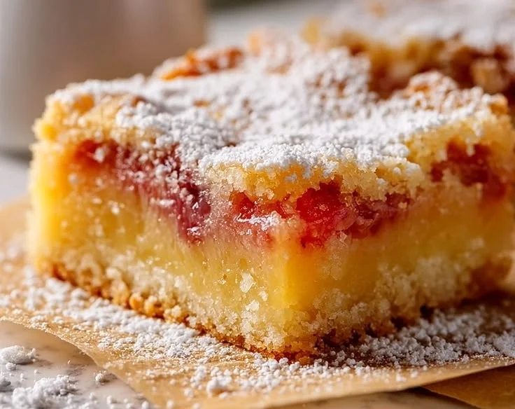 Delicious homemade lemon rhubarb bars on a rustic wooden table.