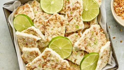 Key Lime Pie Yogurt Bark topped with lime zest and graham cracker pieces