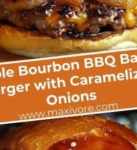 Maple Bourbon BBQ Bacon Burger with caramelized onions on a rustic wooden table