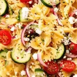 Colorful Mediterranean Pasta Salad with fresh vegetables and olives