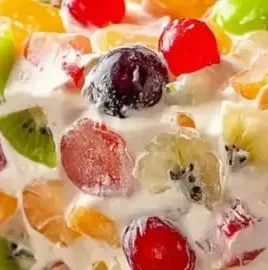 Nana's frozen fruit salad, a classic sweet and creamy dessert with assorted fruits.