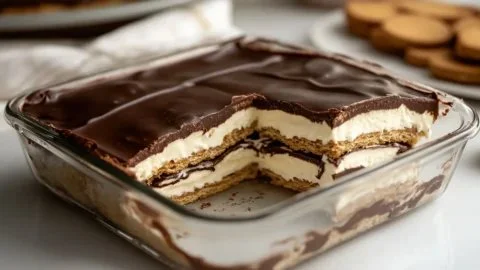 No-bake chocolate éclair dessert with layers of chocolate cream and pastry