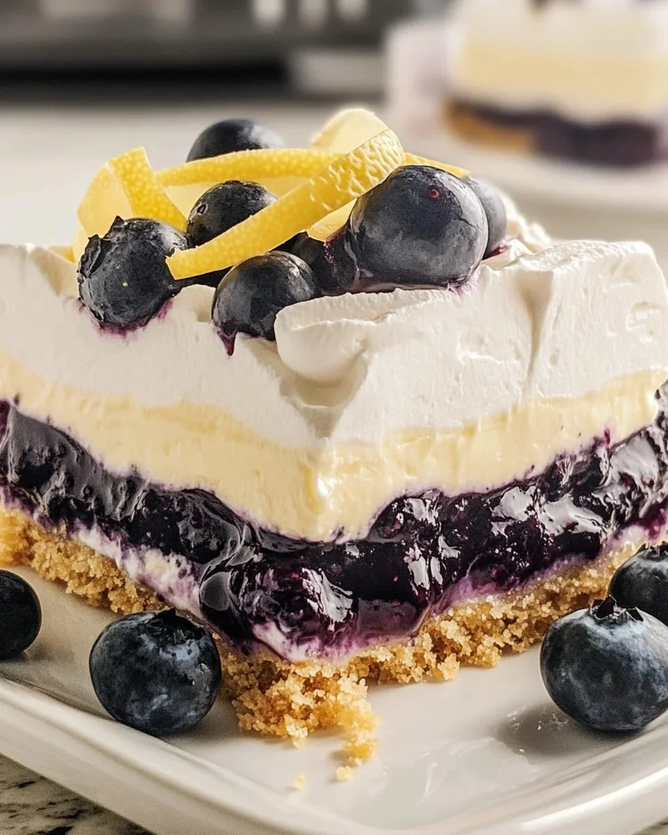 No Bake Lemon Blueberry Dessert with fresh blueberries and lemon zest