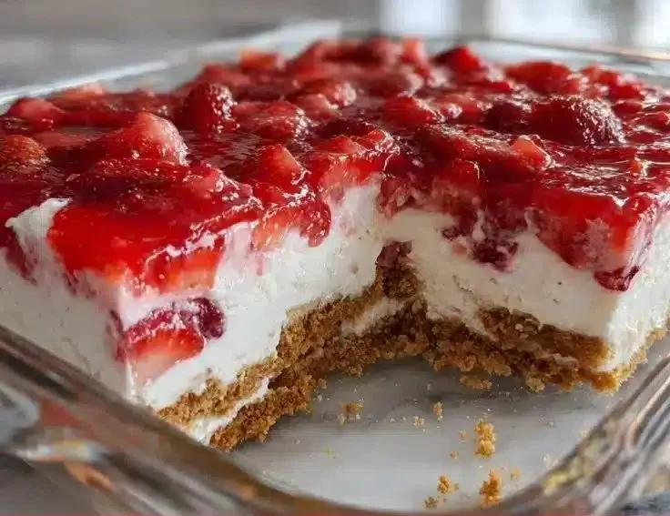 No-Bake Strawberry Cheesecake Lasagna topped with fresh strawberries