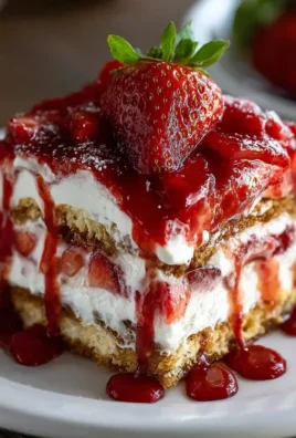 Delicious no-bake strawberry cheesecake lasagna dessert layered with fresh strawberries