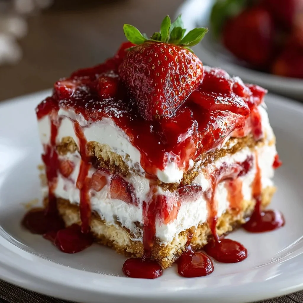 Delicious no-bake strawberry cheesecake lasagna dessert layered with fresh strawberries