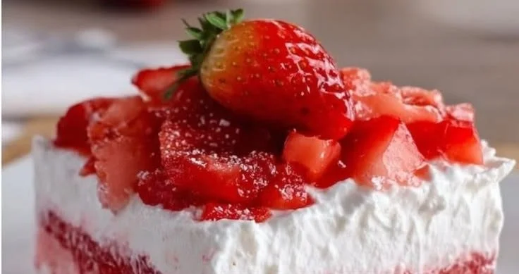 No Bake Strawberry Lasagna dessert with layers of strawberries and cream